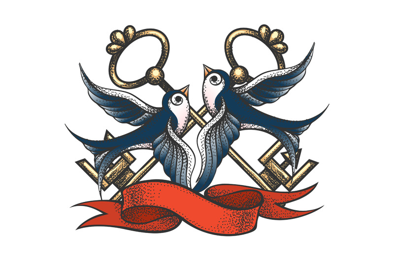 swallows-with-keys-and-ribbon-tattoo-illustration