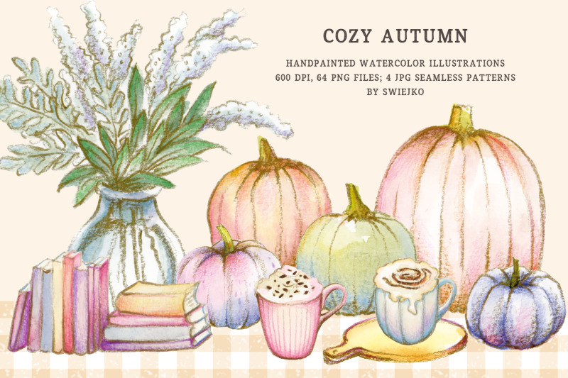 watercolor-clipart-cozy-autumn-pumpkins-plaid-pattern