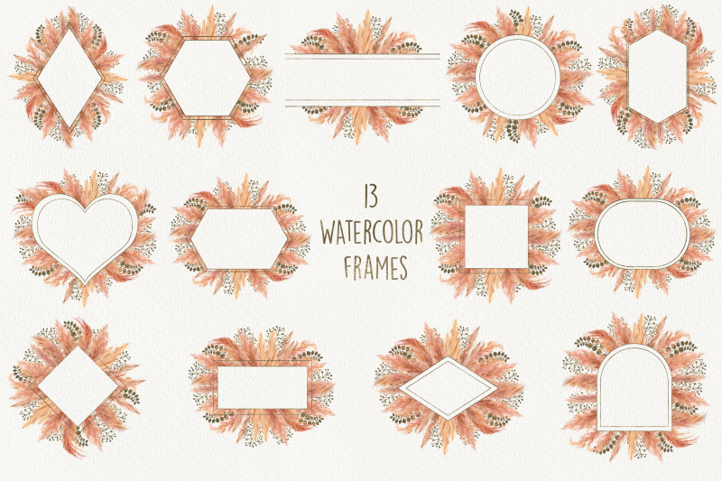 watercolor-frames-with-pampas-grass-in-boho-style