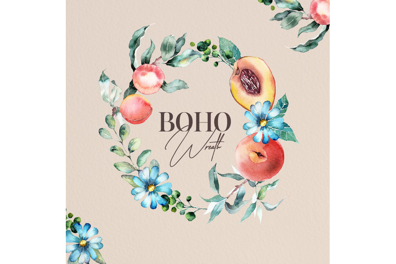 watercolor-boho-wreath-composition-peach-and-flawers-watercolor-fruit