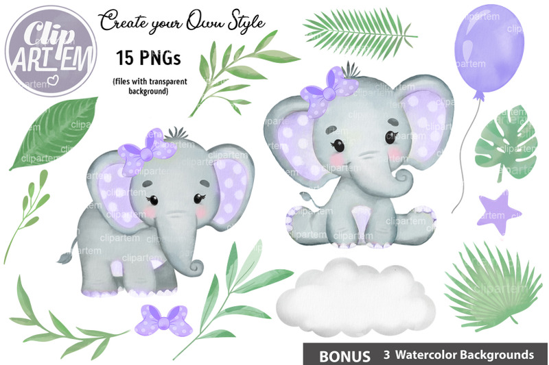 cute-purple-girl-elephant-greenery-clip-art-15-png-bundle
