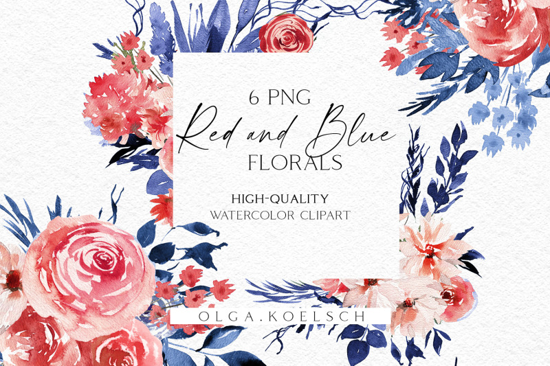 watercolor-red-floral-clipart-boho-blue-flowers-clipart-hand-painted
