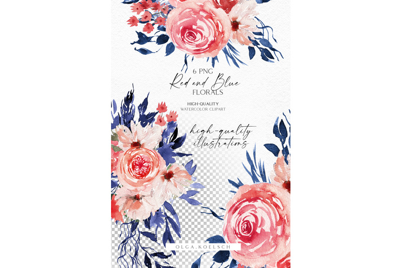 watercolor-red-floral-clipart-boho-blue-flowers-clipart-hand-painted
