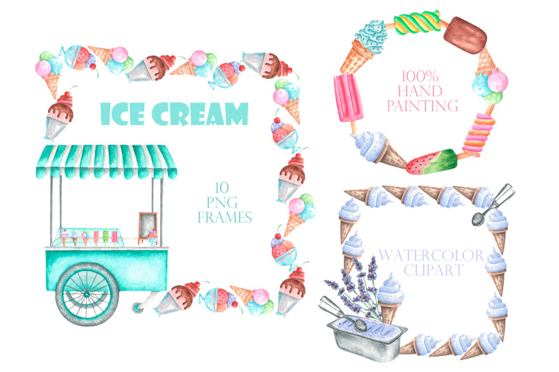 ice-cream-watercolor-frames-ice-cream-clipart-ice-cream-wreath
