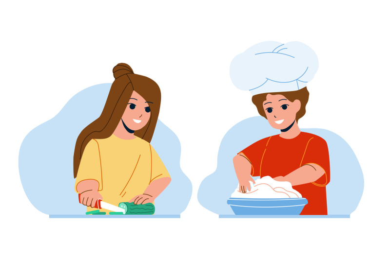 kids-cooking-salad-and-dessert-together-vector