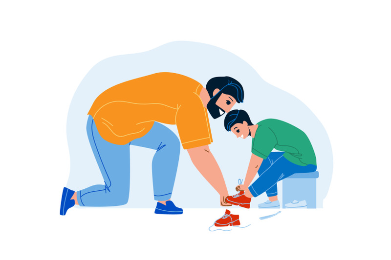 father-with-son-try-on-shoes-in-kid-store-vector