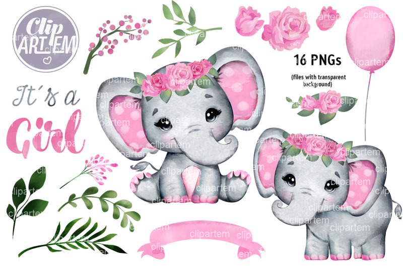 pink-floral-girl-elephant-baby-shower-16-png-images-set