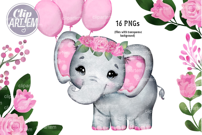 pink-floral-girl-elephant-baby-shower-16-png-images-set