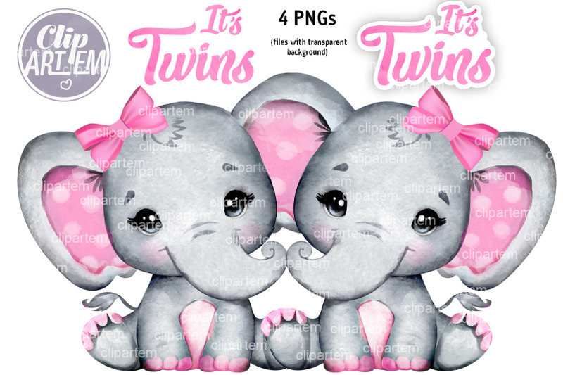 sweet-twins-girl-elephants-pink-bow-4-watercolor-png-images