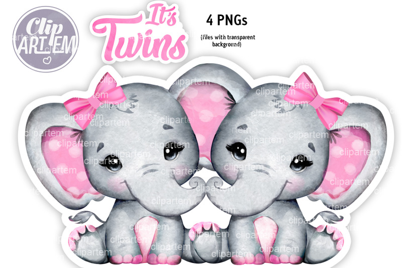 sweet-twins-girl-elephants-pink-bow-4-watercolor-png-images