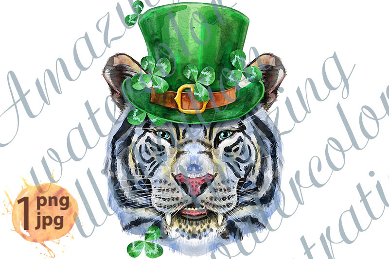 colorful-white-smiling-tiger-wearing-a-green-leprechaun-hat
