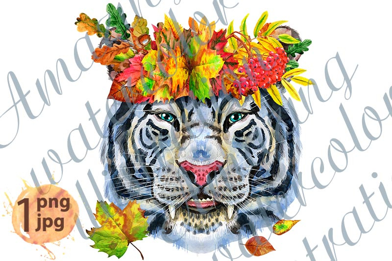 colorful-white-smiling-tiger-in-a-wreath-of-autumn-leaves