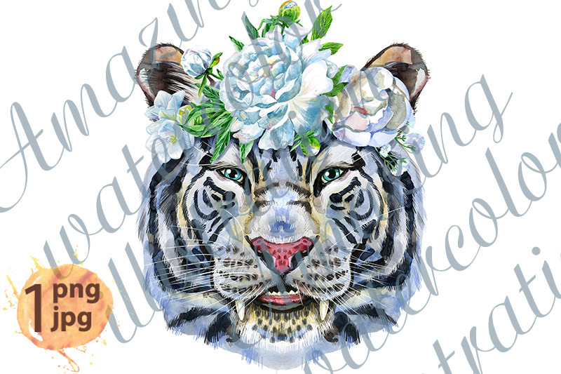 colorful-white-tiger-in-a-wreath-of-white-flowers