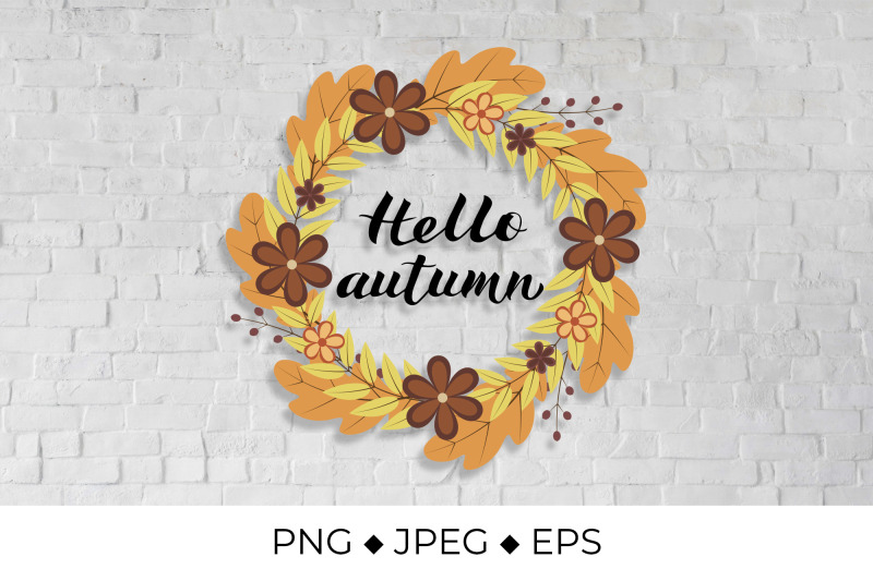 hello-autumn-lettering-in-wreath-with-colorful-leaves-and-flowers