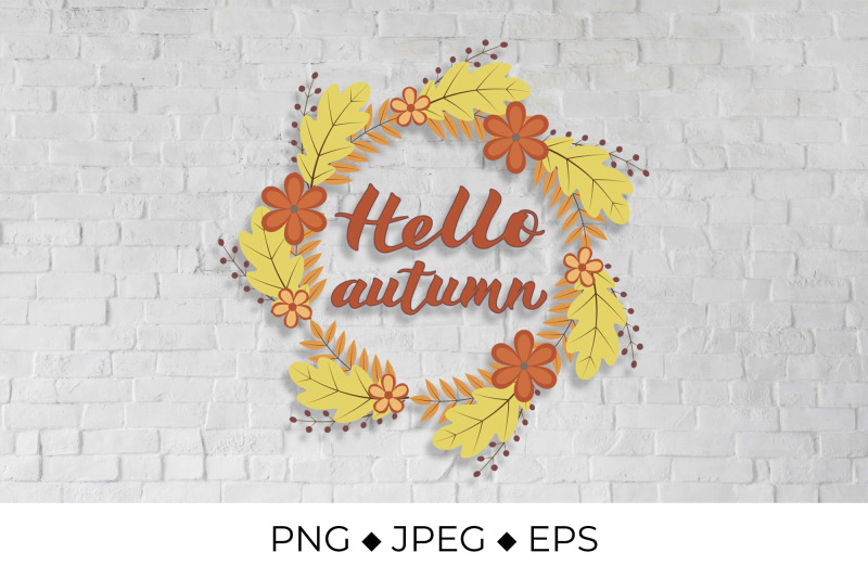 hello-autumn-lettering-in-wreath-with-colorful-leaves-and-flowers