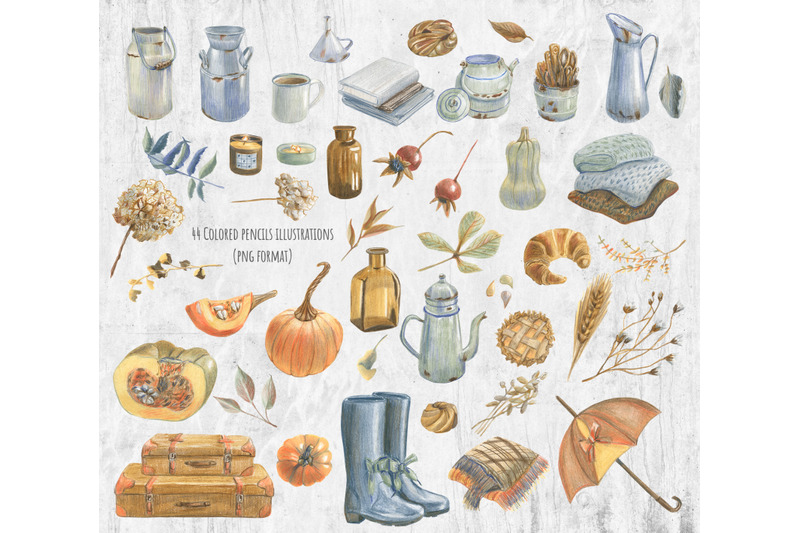 autumn-clipart-vintage-objects-dried-leaves-retro-decor