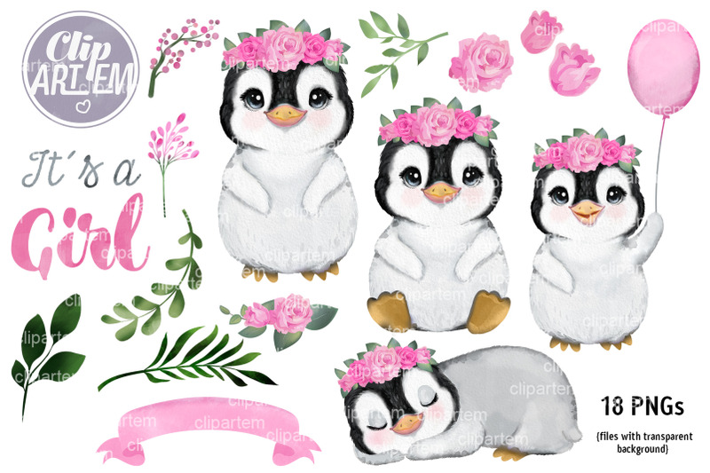 girl-penguin-floral-watercolor-bundle-with-roses-18-png-clip-arts