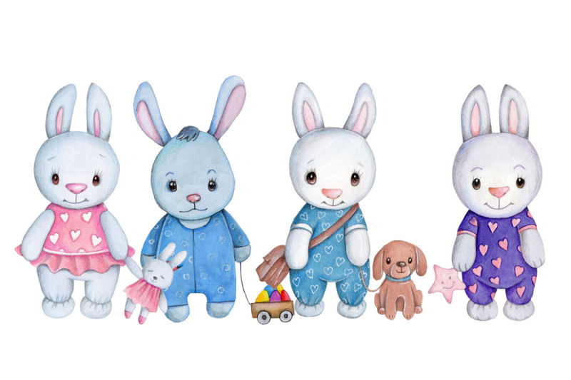 four-cute-cartoon-bunny-rabbits-watercolor