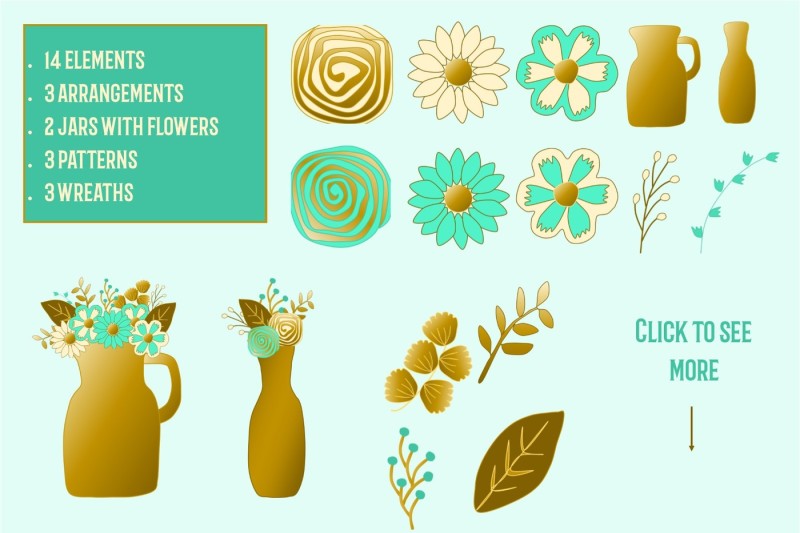 mint-and-golden-floral-clip-art-and-patterns-collection