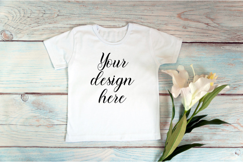 Kids White t-shirt Mockup on a wooden background. By Ok_design ...