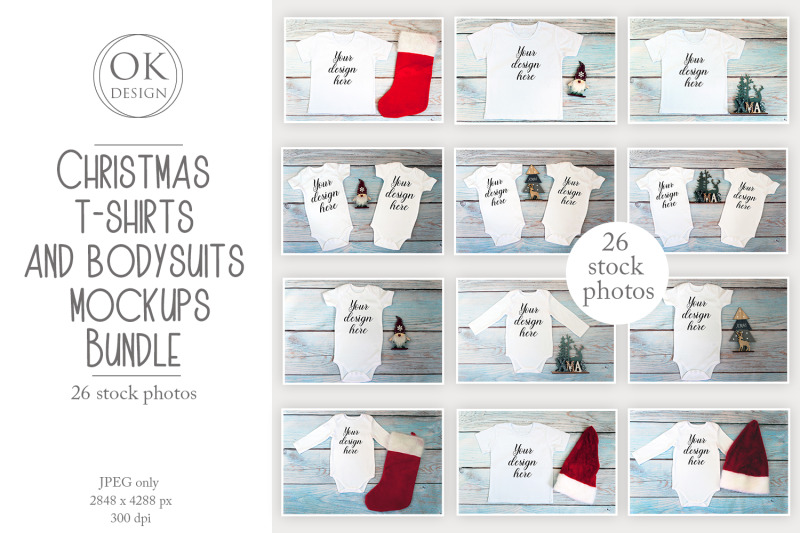 christmas-t-shirts-and-bodysuits-mockups-bundle-on-a-wooden-background