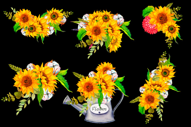 sunflower-and-cotton-watercolor-bouquet-clipart