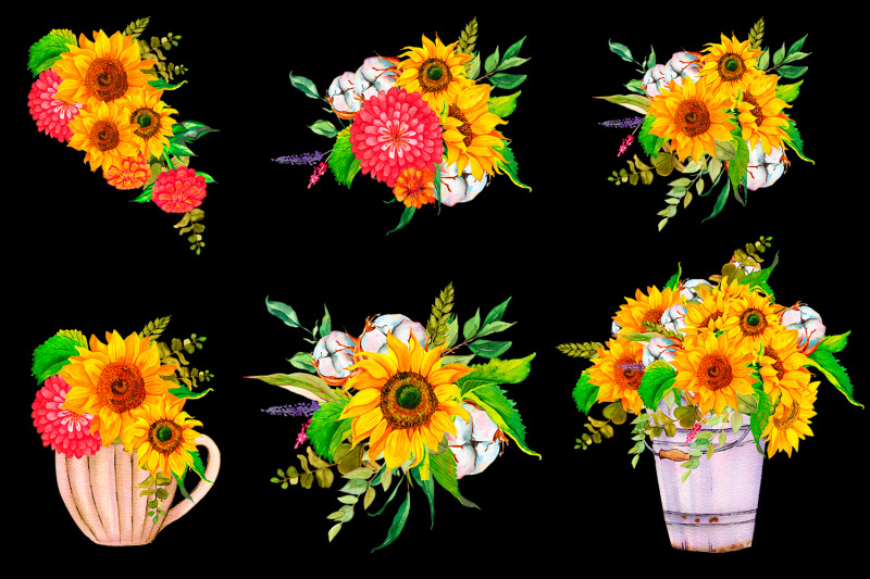 sunflower-and-cotton-watercolor-bouquet-clipart