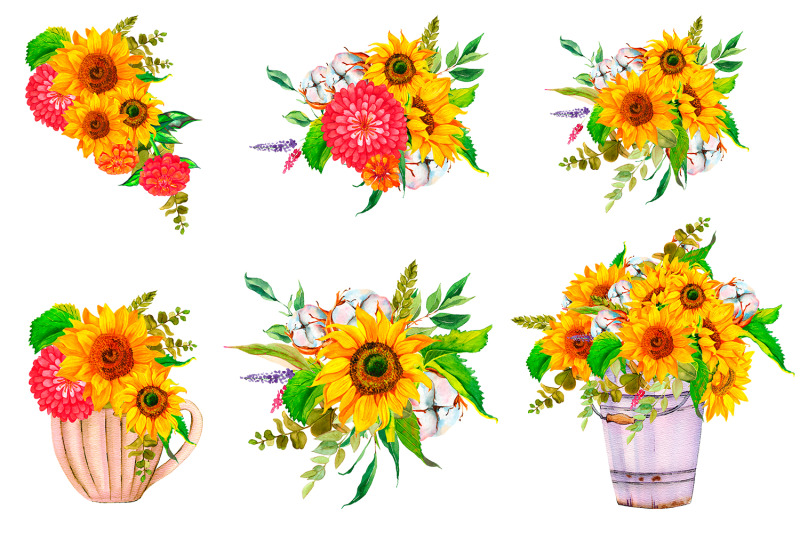 sunflower-and-cotton-watercolor-bouquet-clipart