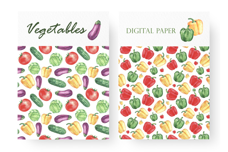 vegetables-watercolor-digital-paper-seamless-patterns-harvest