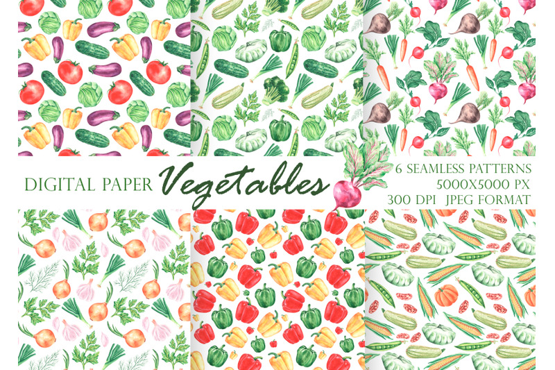 vegetables-watercolor-digital-paper-seamless-patterns-harvest