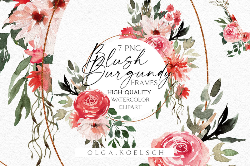 boho-frames-clipart-blush-and-burgundy-clipart-watercolor-pink-png