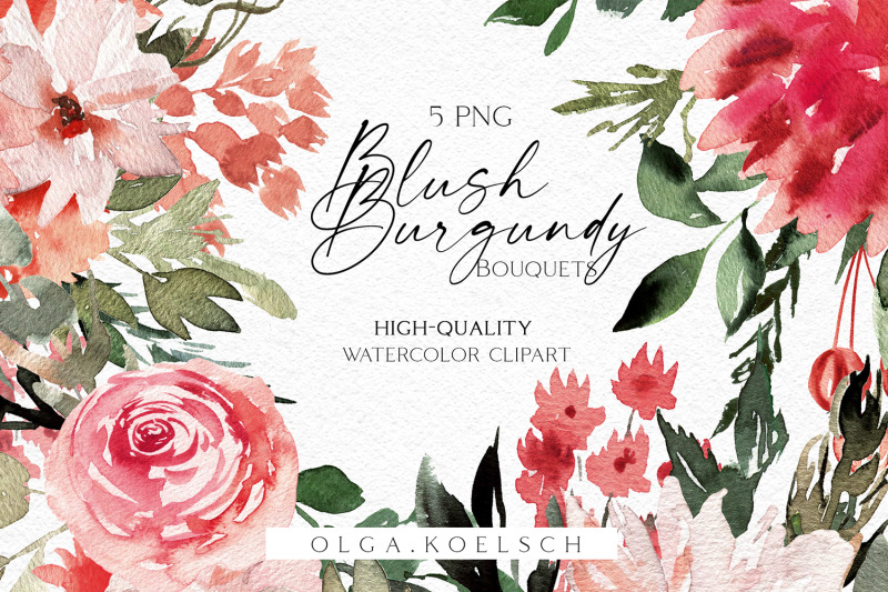 boho-bouquet-clipart-blush-and-burgundy-clipart-watercolor-pink