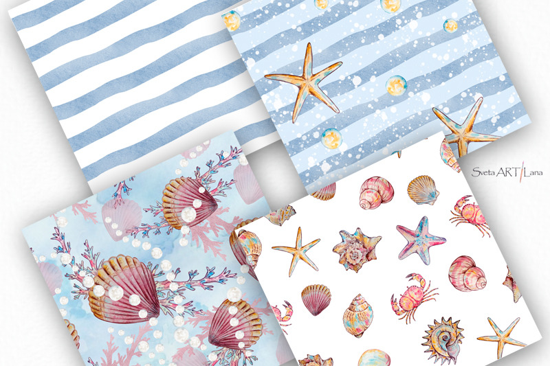 watercolor-seashells-digital-paper-seamless-patterns