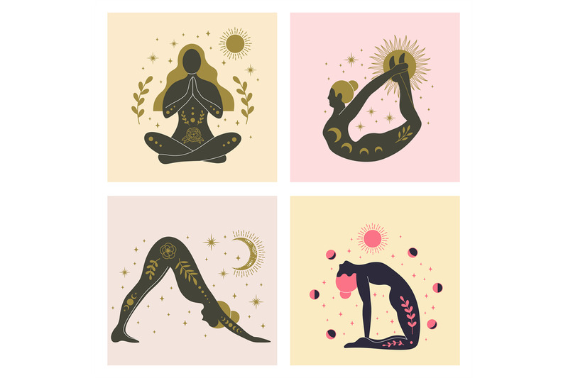 yoga-girls-various-asanas-women-with-sun-moon-and-floral-abstract-el