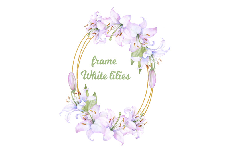 golden-wreath-round-frame-with-watercolor-white-lilies-flowers