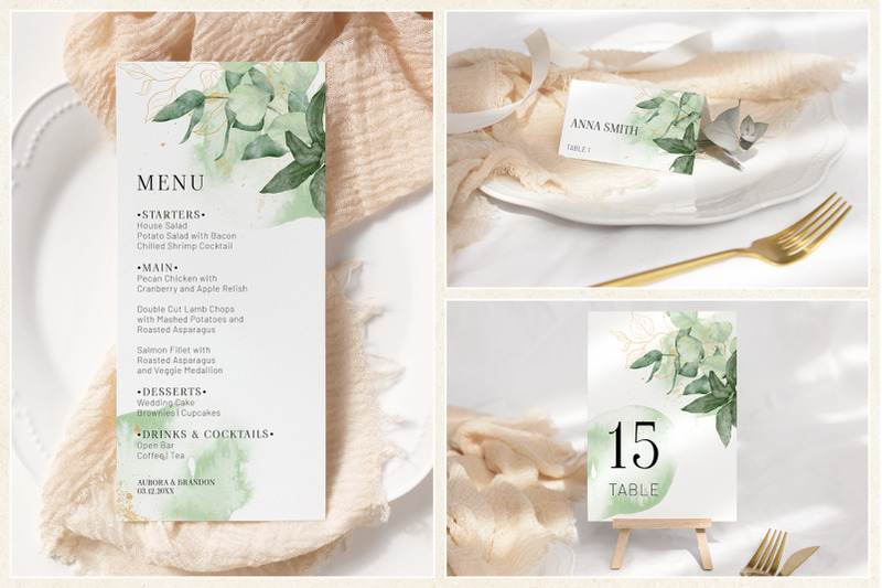 greenery-wedding-template-cards-green-gold-invitation-set