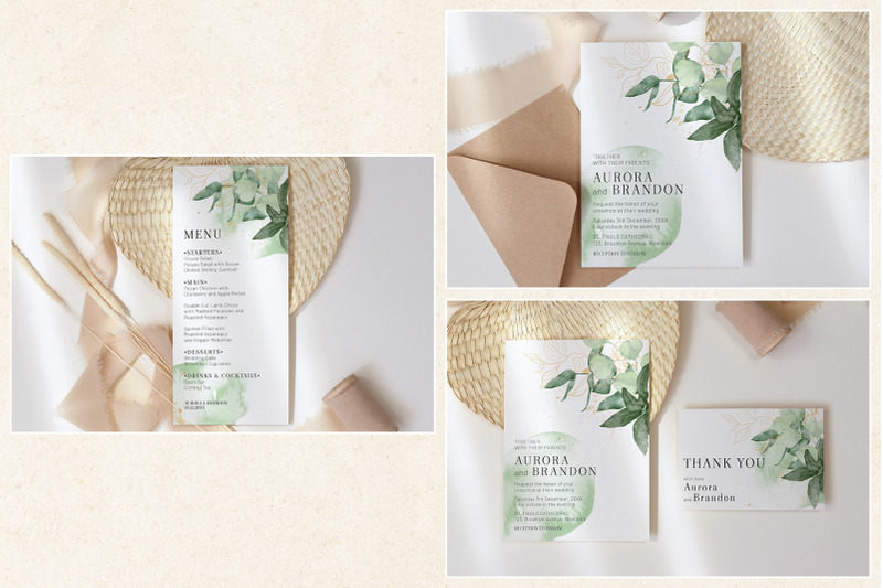 greenery-wedding-template-cards-green-gold-invitation-set