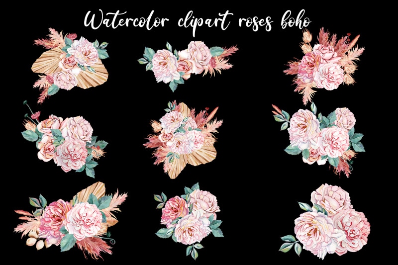 watercolor-rose-boho-dried-flowers-clipart