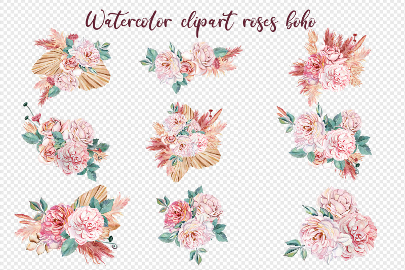 watercolor-rose-boho-dried-flowers-clipart