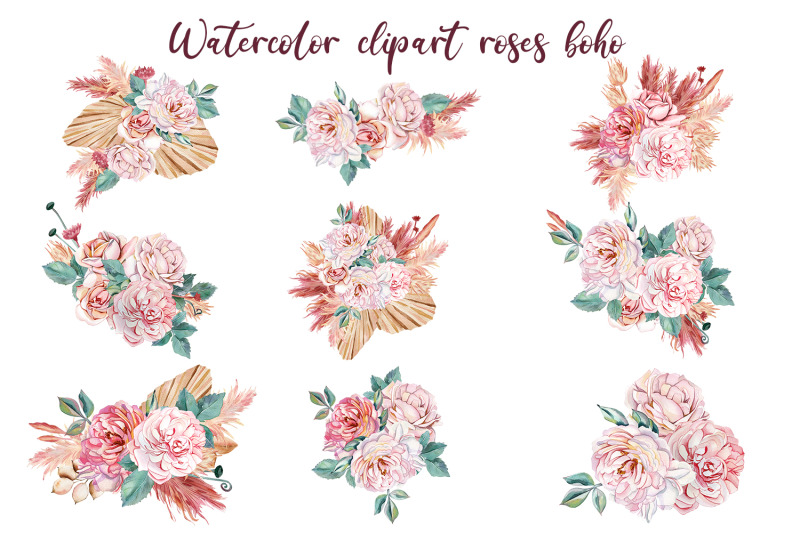 watercolor-rose-boho-dried-flowers-clipart