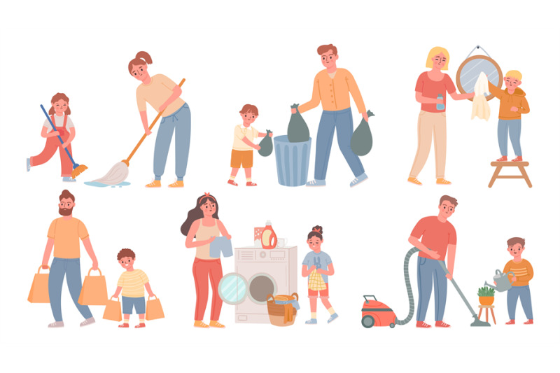 kids-and-parents-cleaning-children-helps-adults-with-housework-sweep