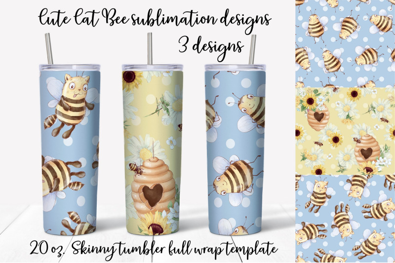 cut-cat-bee-sublimation-design-skinny-tumbler-wrap-design