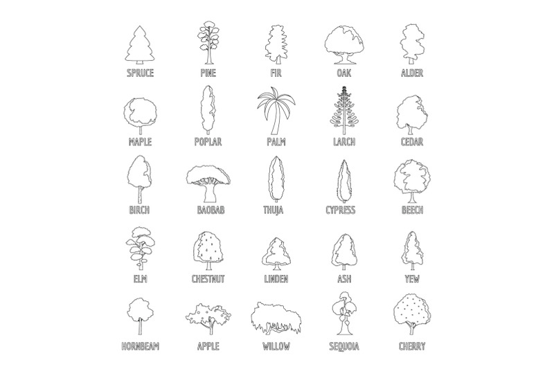 tree-types-icons-set-outline-style