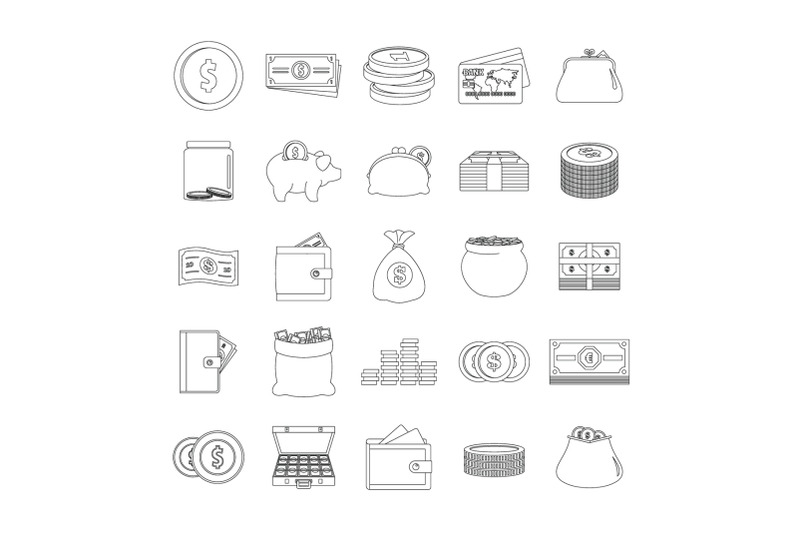 money-types-icons-set-outline-style