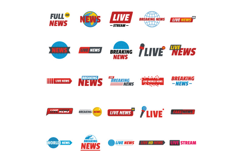 news-live-breaking-label-icons-set-flat-style