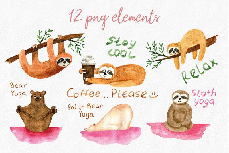 cute-sloth-and-yoga-bear-watercolor