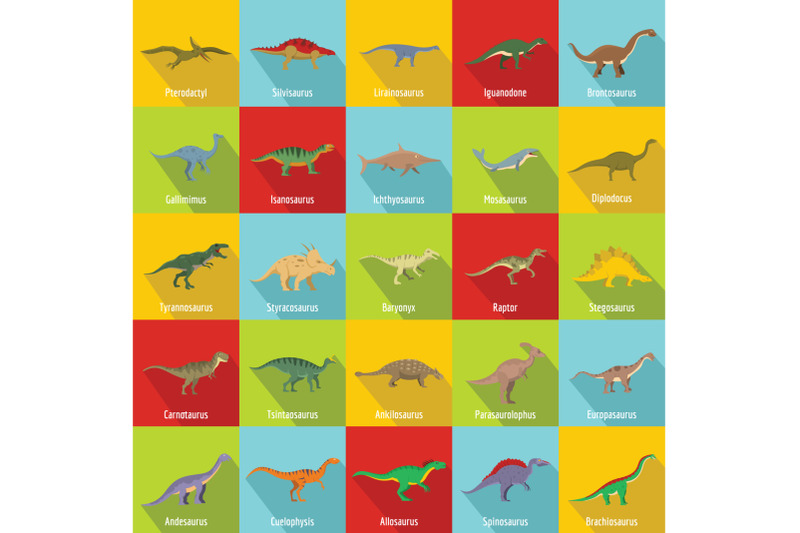 dinosaur-types-signed-name-icons-set-flat-style