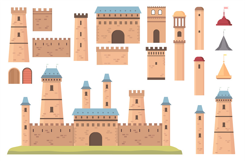 castle-constructor-medieval-architecture-elements-towers-with-flags