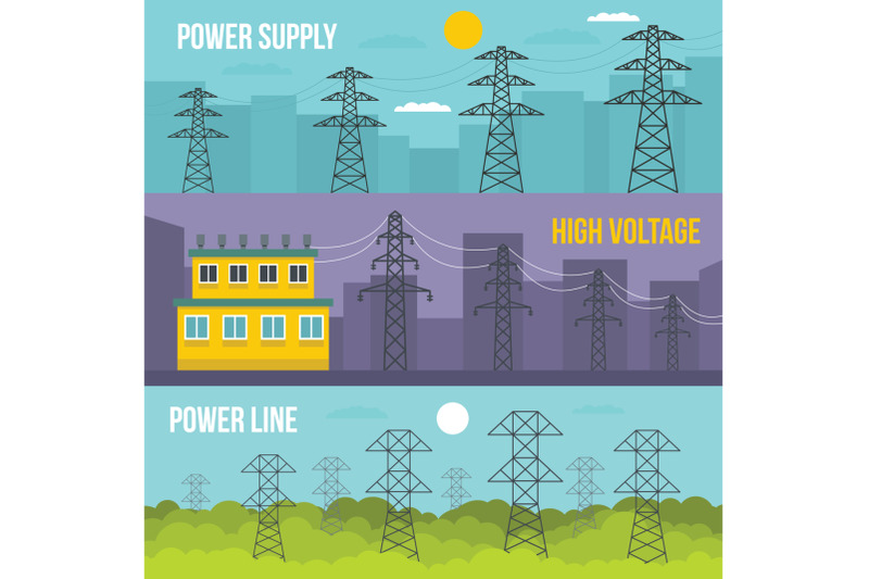 electrical-tower-banner-horizontal-set-flat-style