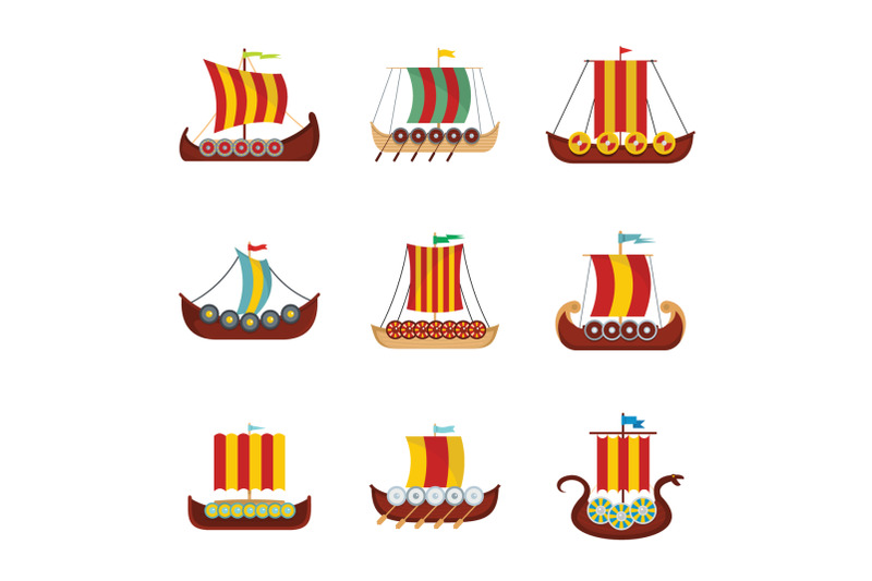 viking-ship-boat-drakkar-icons-set-flat-style
